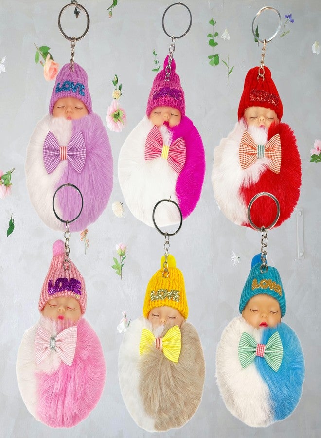 ZAFCO Mini Plush Pom Pom Doll Keychain - Cute Sleeping Baby Key Ring for Girls || Fluffy Bag Charm for Women, Girls, Backpack & Purse Accessories Multicolor Random- 2 Pieces (Mini Doll Keychain 2) - Image 5
